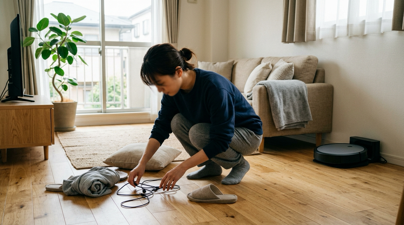 ロボット掃除機を起動する前に、床に落ちた充電ケーブル・部屋着・スリッパを拾い上げて片付けている「掃除前の掃除」の様子