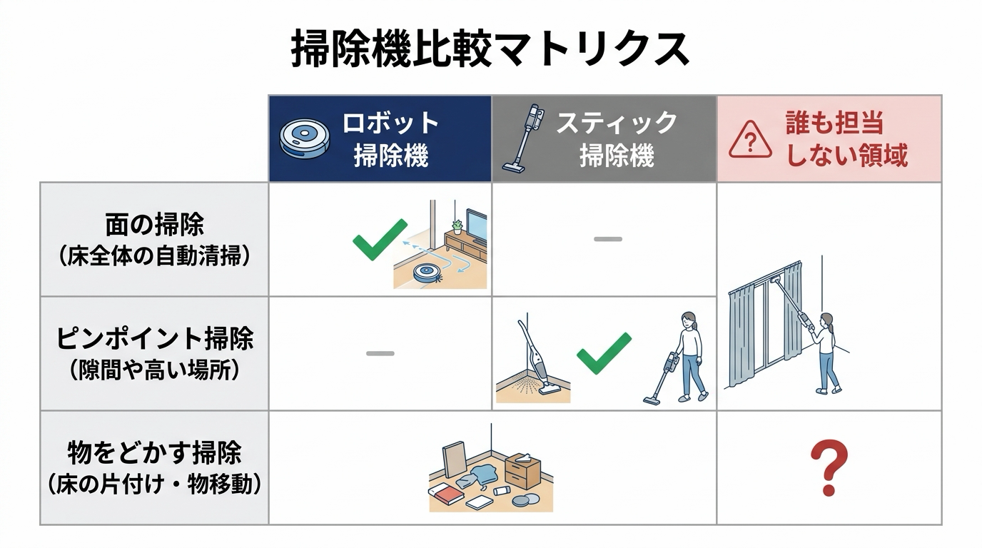 ロボット掃除機とスティック掃除機の役割分担図。面の掃除・ピンポイント掃除・物をどかす掃除の3つのうち、最後だけ担当者が空欄になっていることを示す
