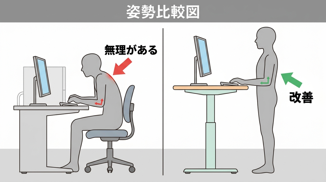 デスクが低いために椅子を最下端まで下げても姿勢が合わない状態と、天板側を上げて合わせた状態を左右で比較したイラスト