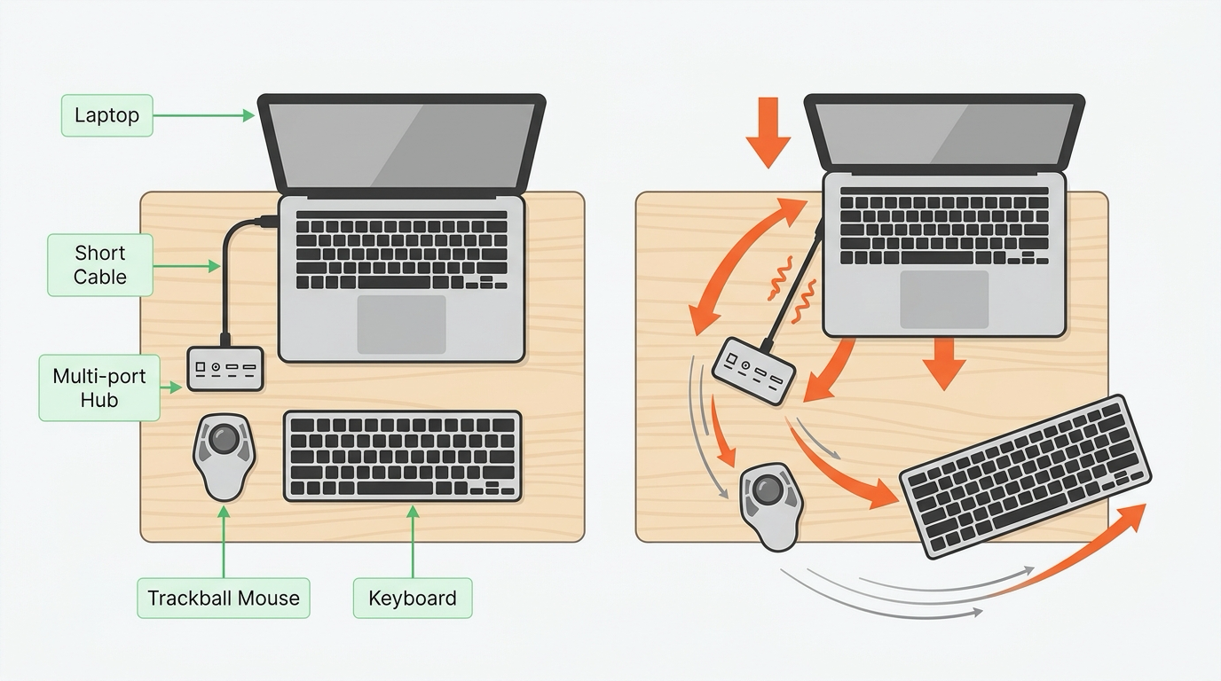 ノートPCを少し動かしただけで、短いケーブルのハブごと引っ張られ、ハブに繋がった周辺機器まで連動して動いてしまう様子を示した図解