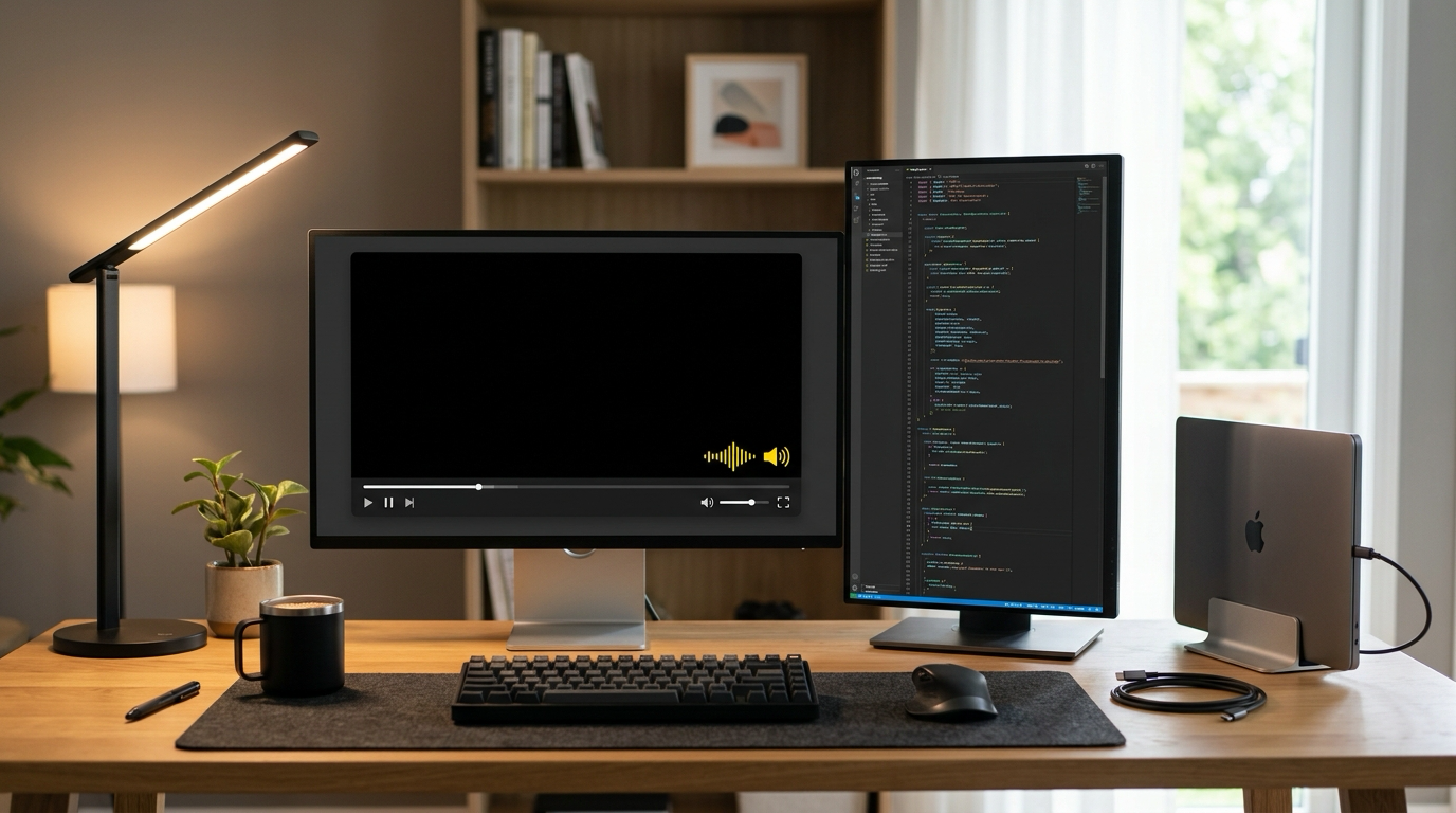 スタンドに立てたMacBookと外部モニター2枚のデスクで、動画プレイヤーが真っ黒のまま音だけ流れている様子