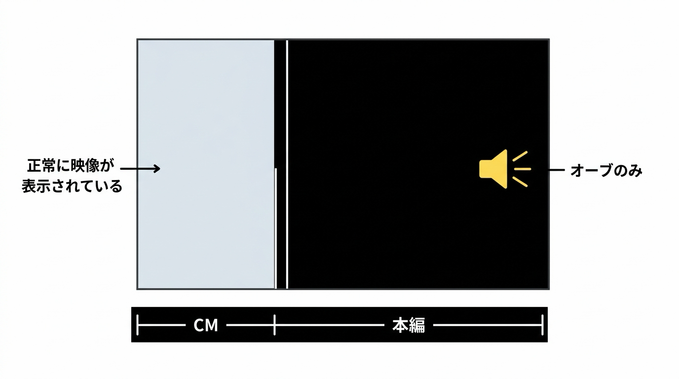 CMは映るのに本編に入ると画面が真っ黒になり音だけ流れる症状の図