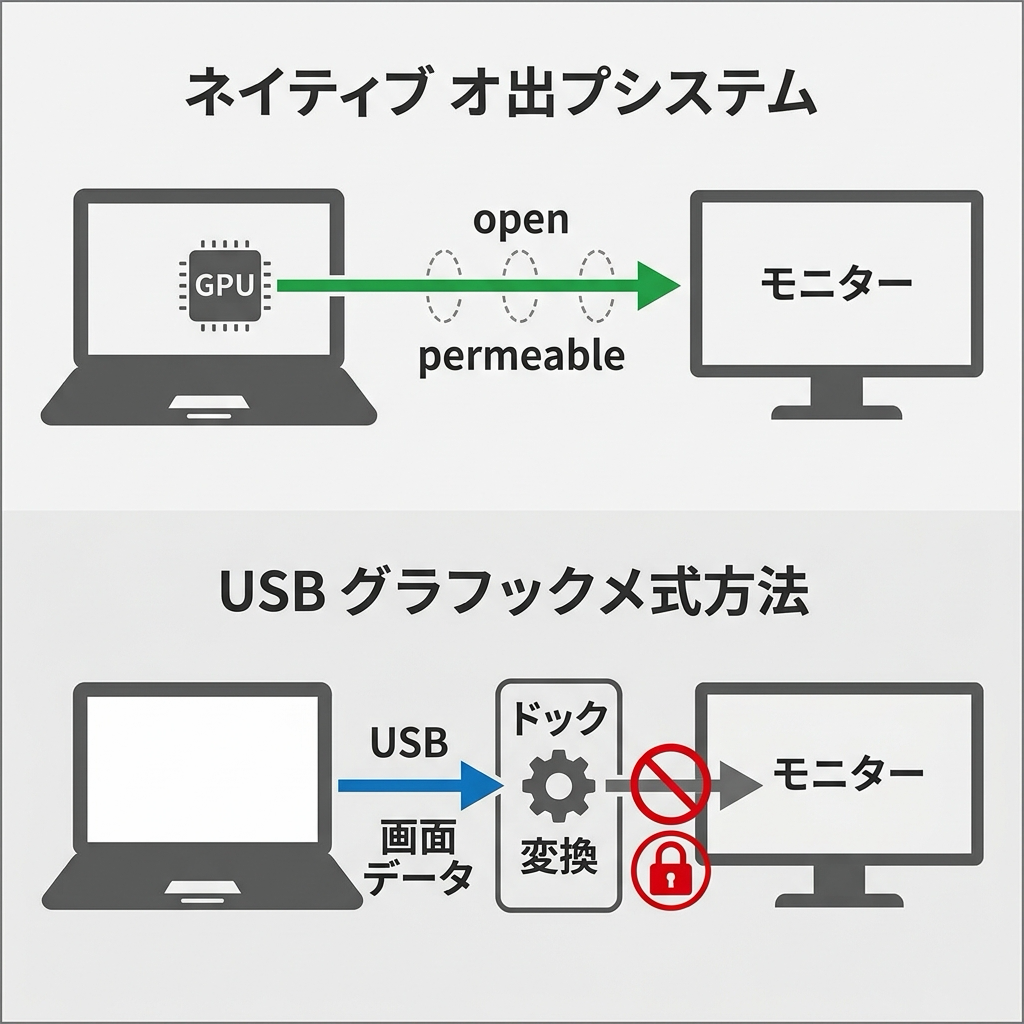 ネイティブ出力とUSBグラフィック方式の映像経路の違いを示す図
