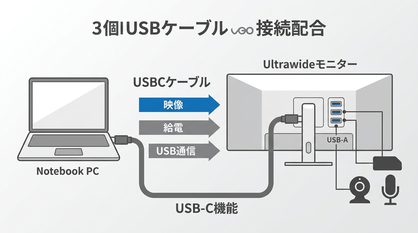 USB-Cケーブル1本で映像・給電・USBをまかなうウルトラワイドモニターの接続図