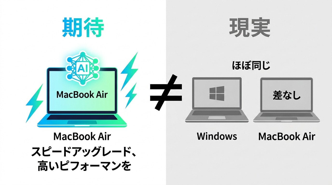 「AI開発のためにMacへ」という期待と、実際は変わらなかった現実を左右で対比した図。左にAIツールのアイコンとMacBook、右に同じ作業をしているWindowsノートを並べ、中央に「差はほぼなし」と示すイメージ