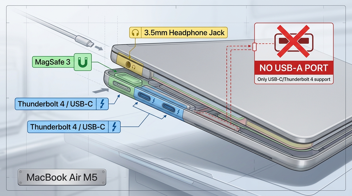 MacBook Airの側面ポート(Thunderbolt 4 / USB-C ×2、MagSafe 3、3.5mmヘッドフォンジャック)を図解し、USB-A端子の差込口が無いことを示したイラスト