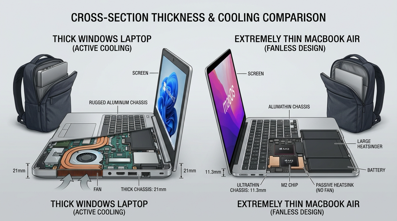 ファンを内蔵して厚みのあるWindowsノートと、ファンレスで薄いMacBook Airを横から並べて厚みの差を示した断面イメージ。カバンに入れた時の余裕の違いも添える