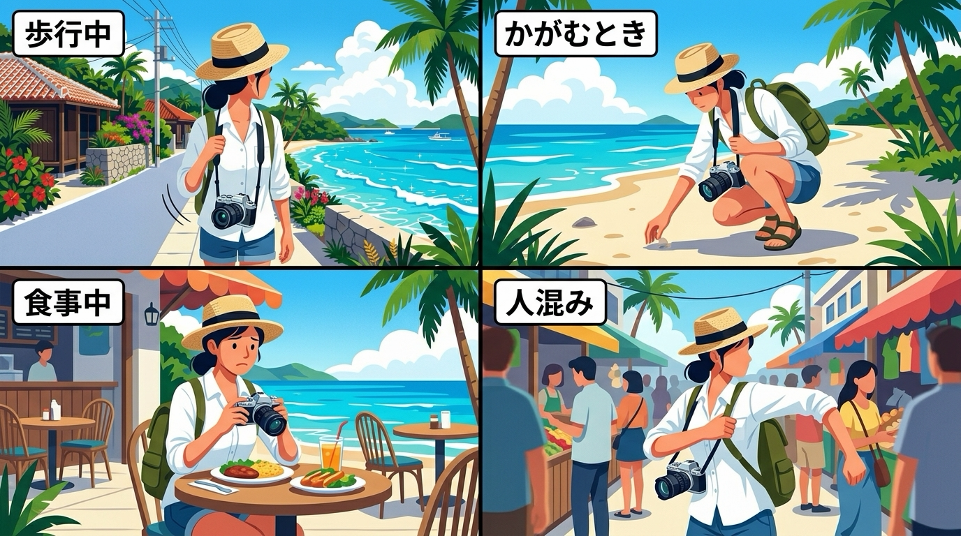 首から下げたカメラが、歩行中・かがんだとき・食事中・人混みでそれぞれどう扱いに困るかを4コマ風に並べた生活動線の説明イラスト