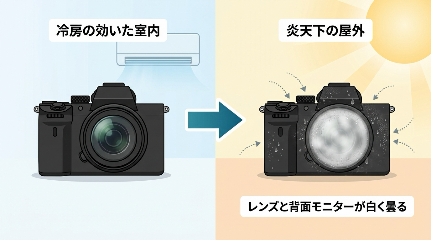冷房の効いた屋内から炎天下の屋外へ出た瞬間に、レンズ前面と背面モニターが白く曇る仕組みを矢印付きで示した説明イラスト