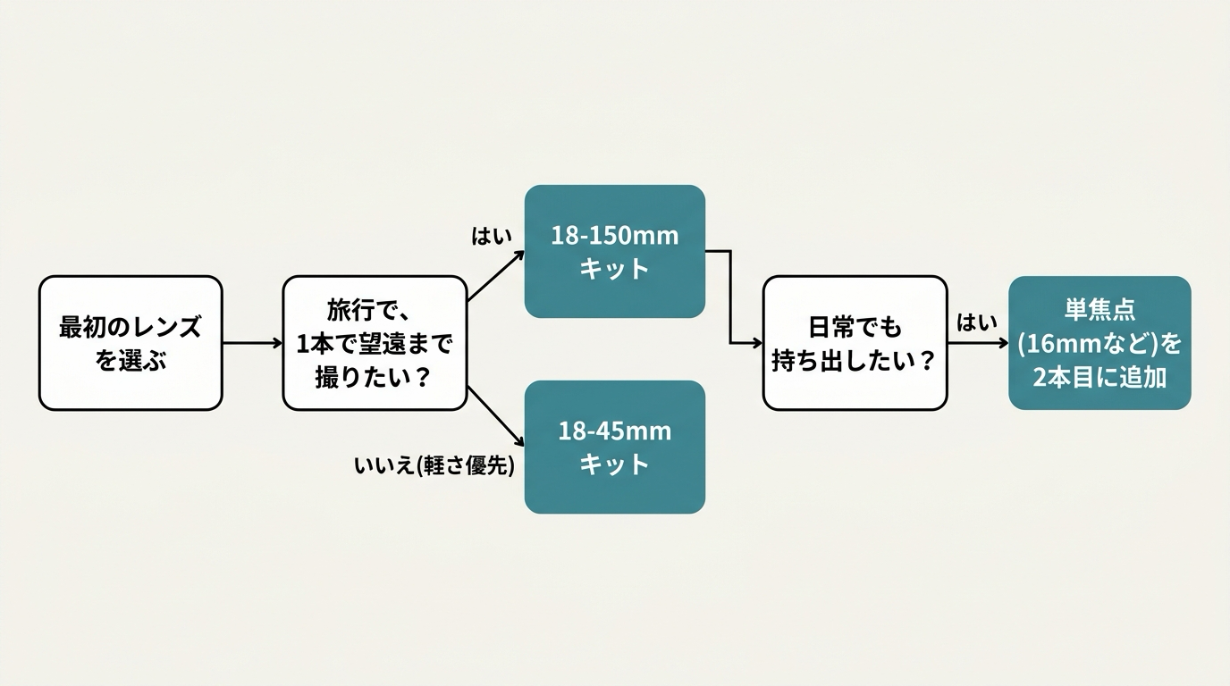 「旅行で使う?日常でも持ち出す?レンズ交換はしたい?」の質問から、18-150mmキット/18-45mmキット/単焦点の追加へ分岐するレンズ選びのフローチャート図